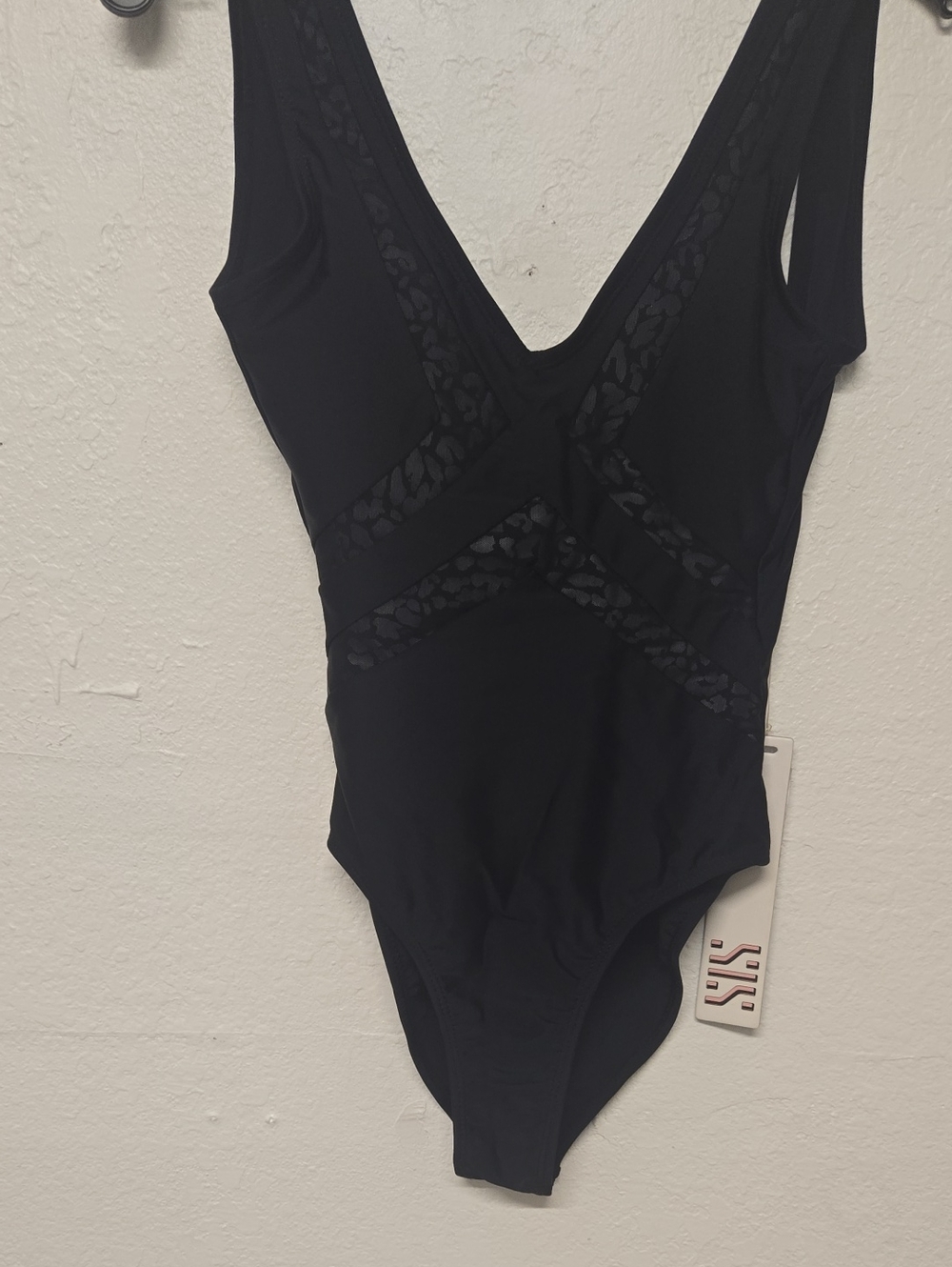 Black Lace-Inset V-Neck One-Piece Swimsuit